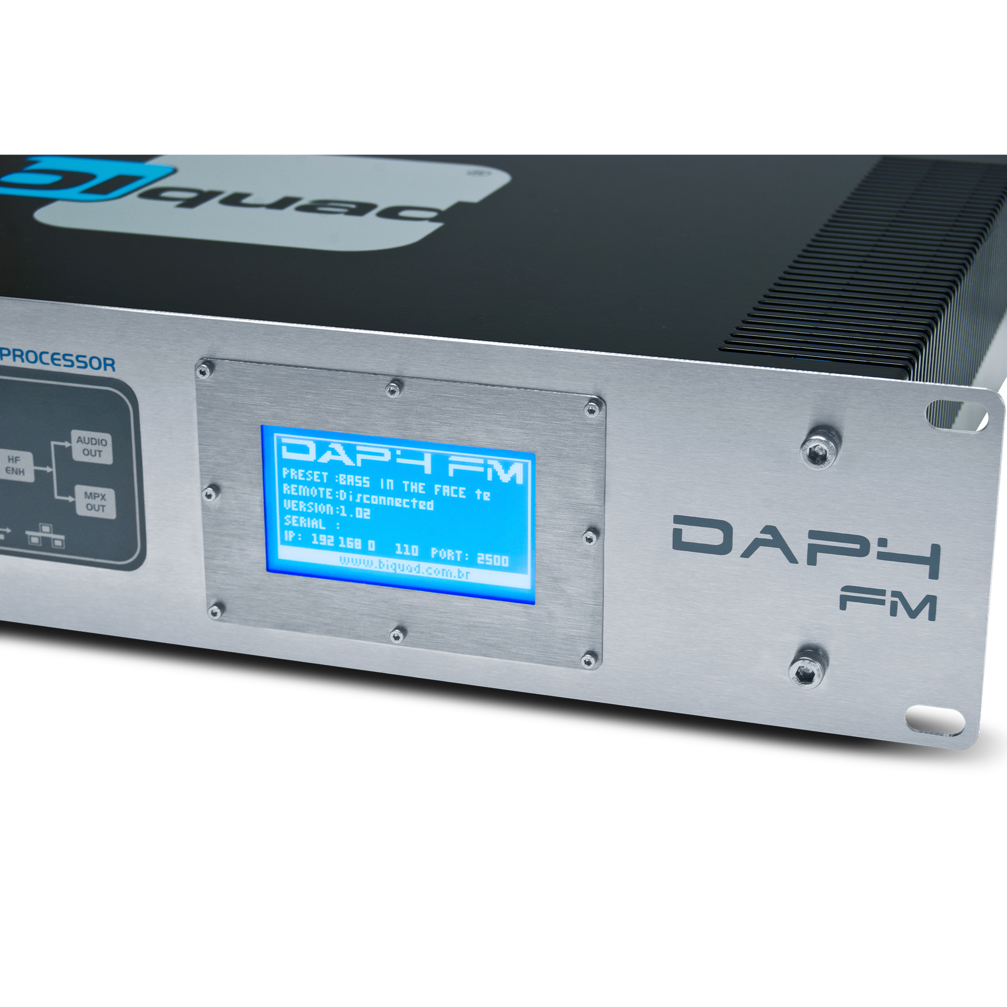 Processador de áudio FM digital 5 bandas com display touch screen e painel em aço inox 2UR.