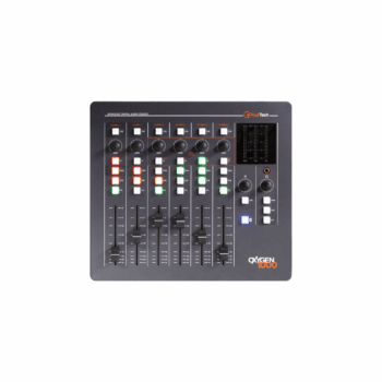 Vista superior do console digital de broadcast Axel Oxygen 1000 com seis faders, controles de ganho, botões iluminados RGB e medidores de nível para rádio profissional.