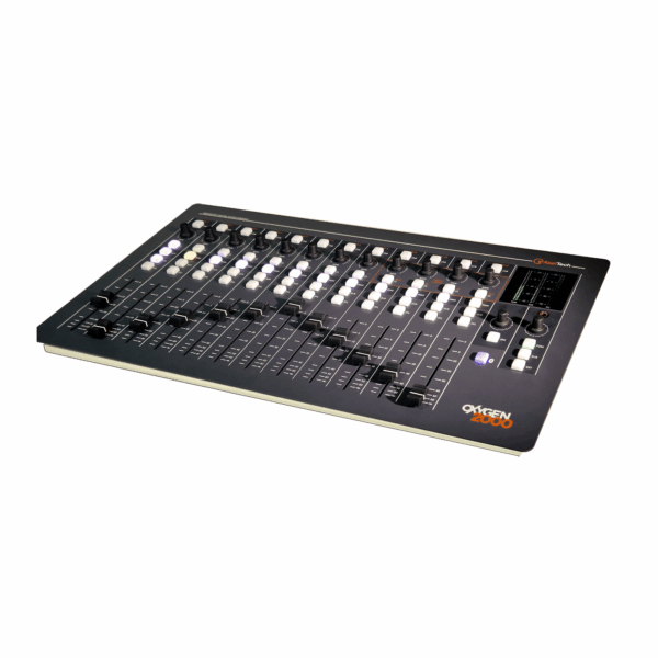 Axel Oxygen 2000 Console digital de broadcast com 12 faders físicos, botões iluminados e controles profissionais para estúdios de rádio On Air e Produção.