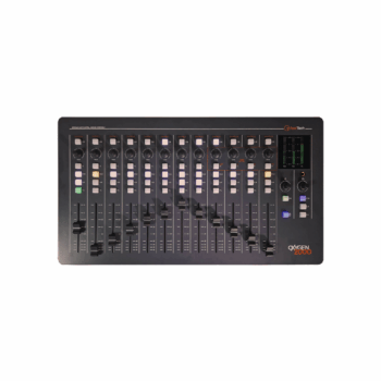 Axel Oxygen 2000 Console digital de broadcast com 12 faders físicos, botões iluminados, controles de ganho e medidores de nível para estúdio de rádio.