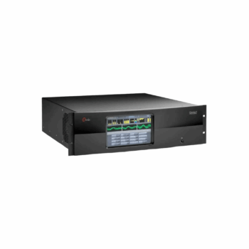 Processador de áudio broadcast Omnia.9 em chassi rack 3RU, vista frontal em perspectiva, com display touchscreen ativo e medidores de processamento em tempo real