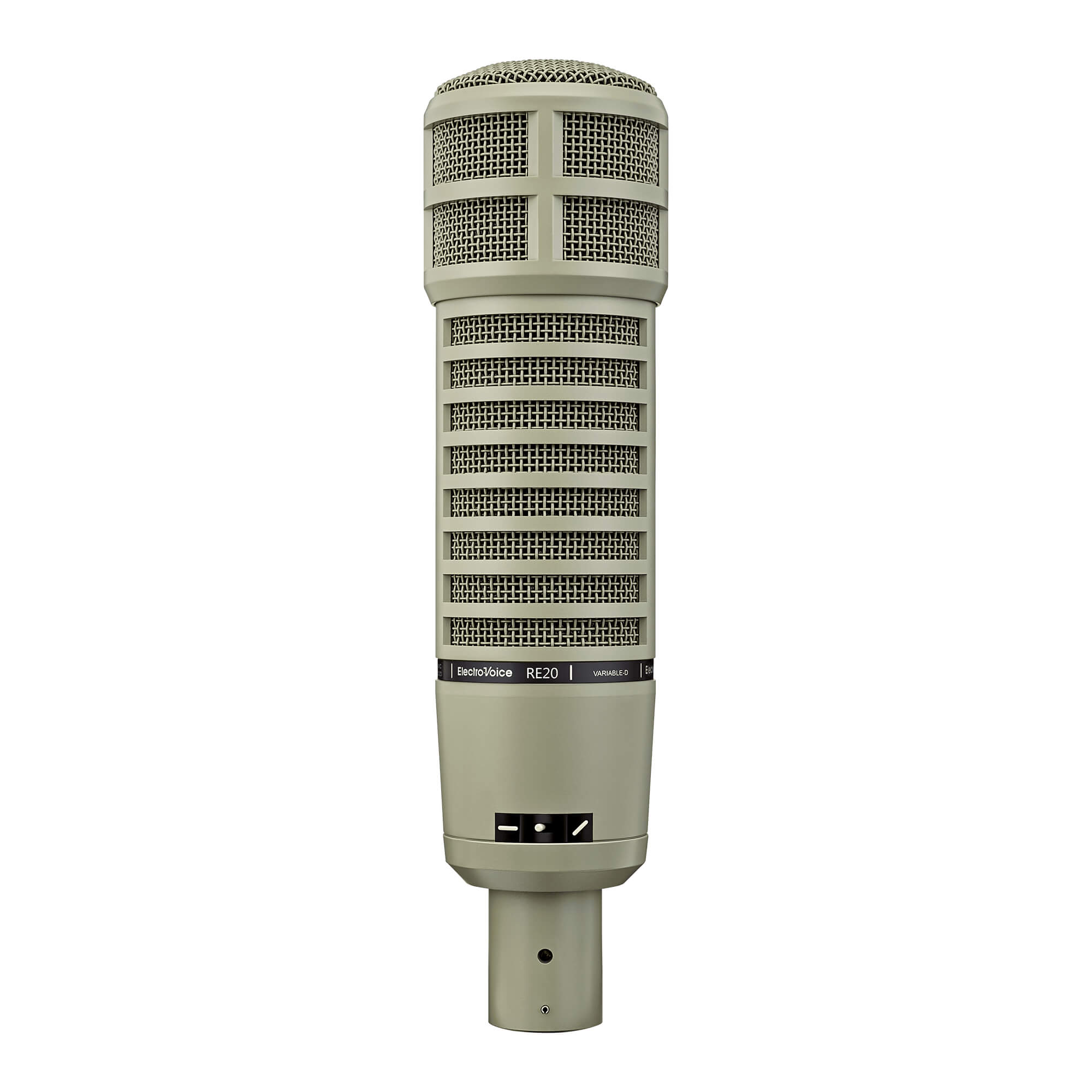 Microfone dinâmico cardioide Electro-Voice RE20 clássico em acabamento bege claro.